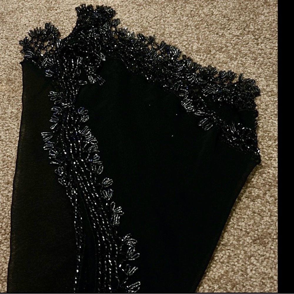 Black Chiffon Triangular Jet Black Bead Trim scarf 40” x  28” x 28”